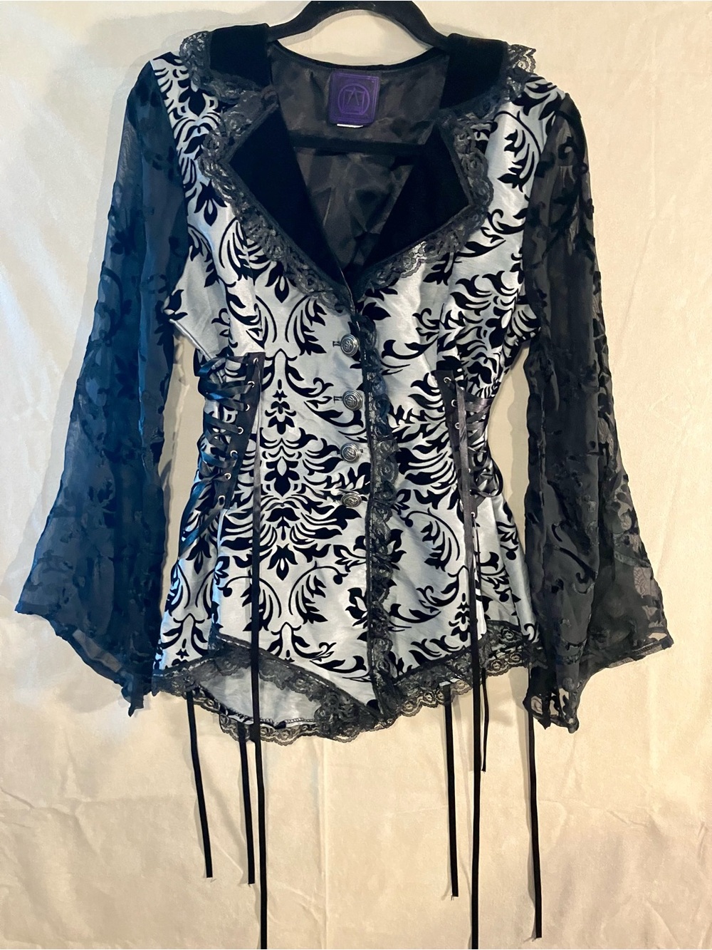 Cykxtees VTG Lace up Blouse Small Silver Black Lace Flocked Velvet Goth Witchy